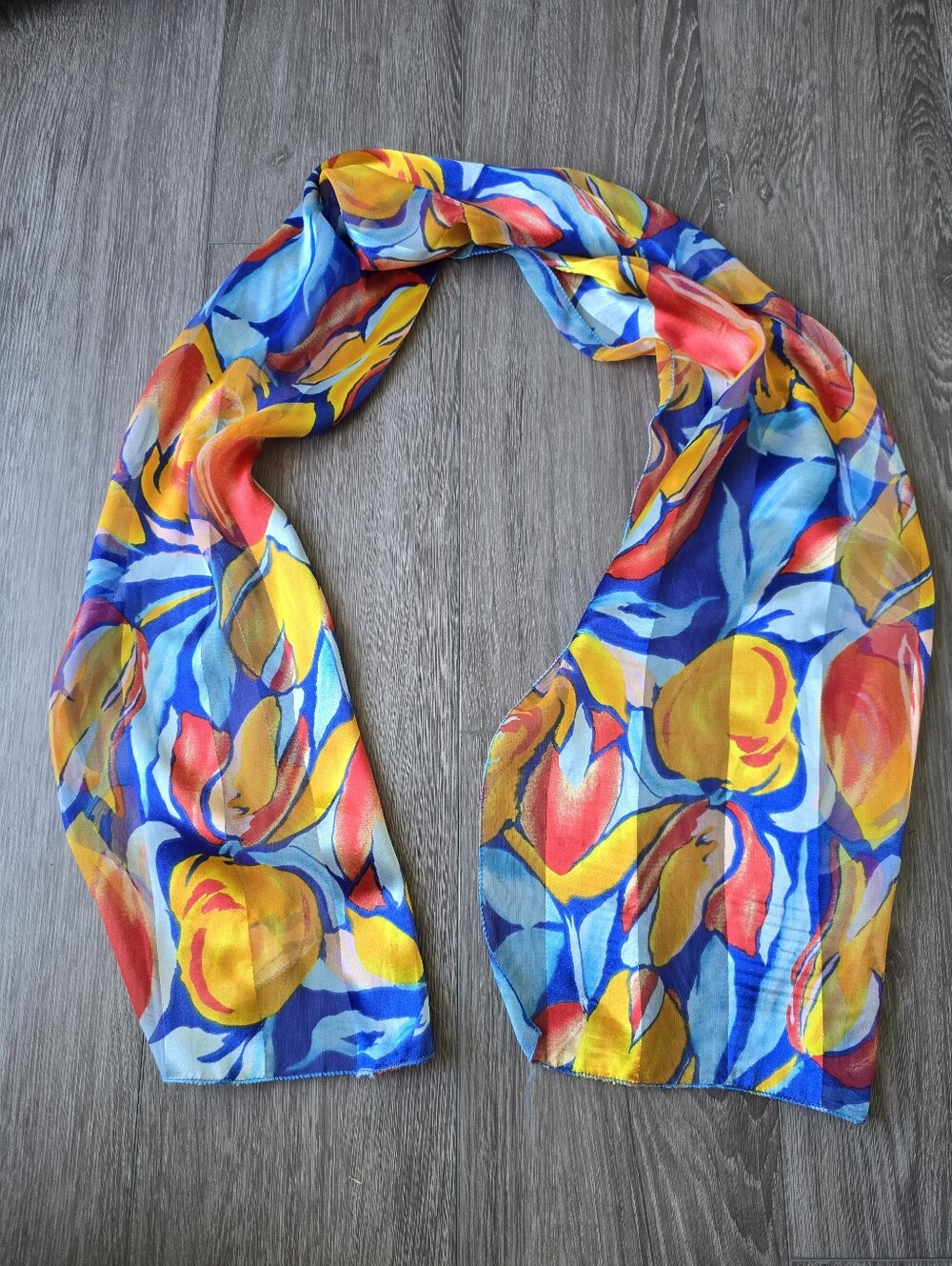 Vintage Abstract Floral Scarf Long Oblong Blue Yellow Red Satin Stripe Chiffon